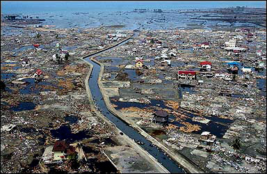 Destroyed houses in a badly flooded area of Banda Aceh, Indonesia