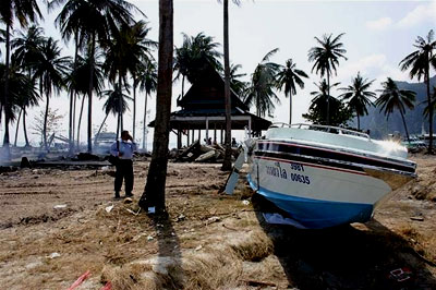 A boat that was pushed ashore by the tsunami in Thailand