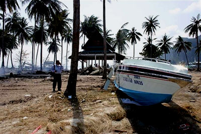 A boat that was pushed ashore by the tsunami in Thailand